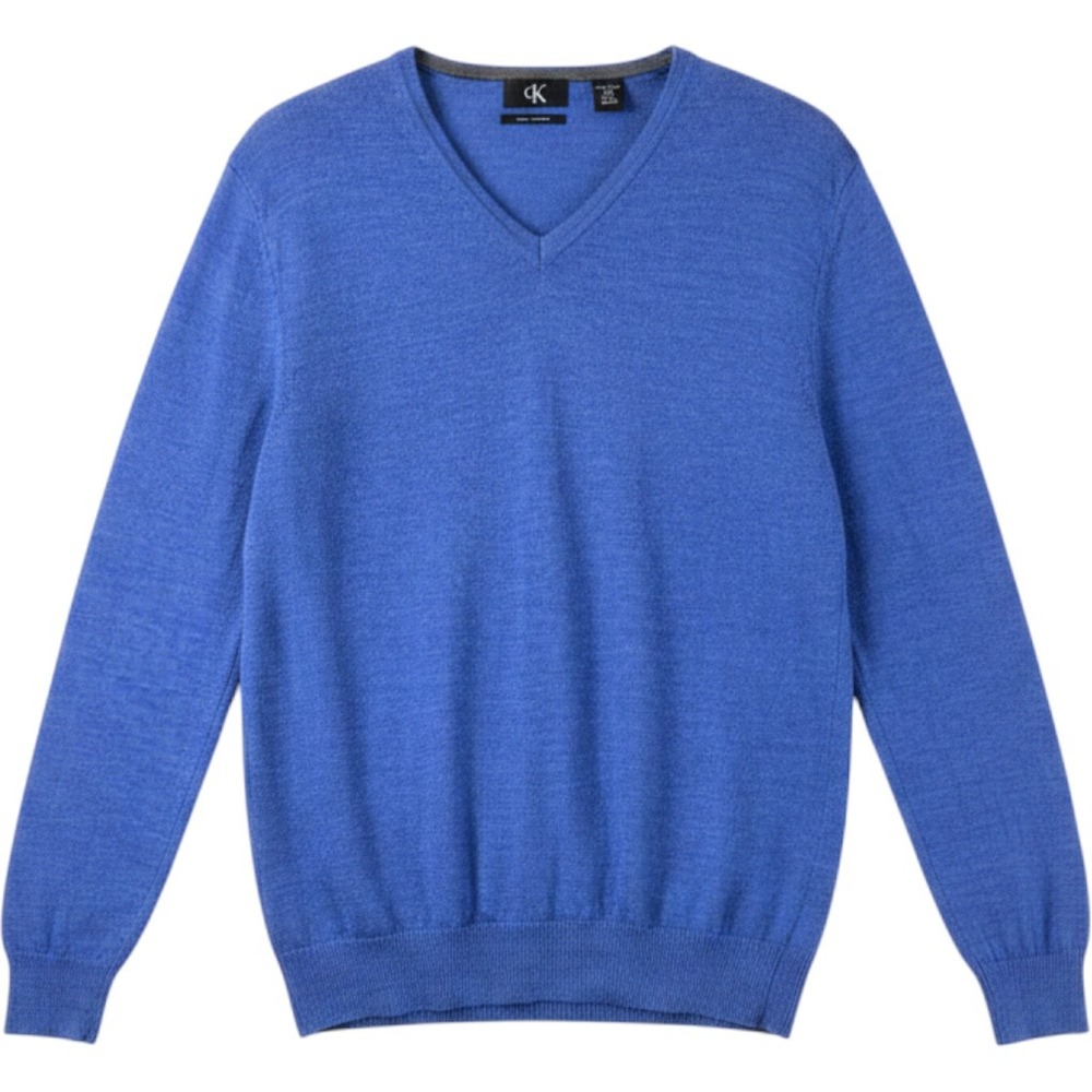 Calvin Klein V-Neck Sweater Mens L Blue Quiet Luxury Extra‎ Fine Merino Wool Top